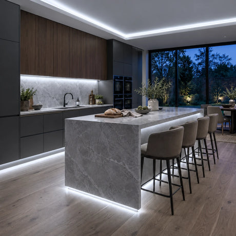 Cool White 6500K free-cut COB LED strip installation visual in a modern British kitchen, with cabinet, coving and island lighting.