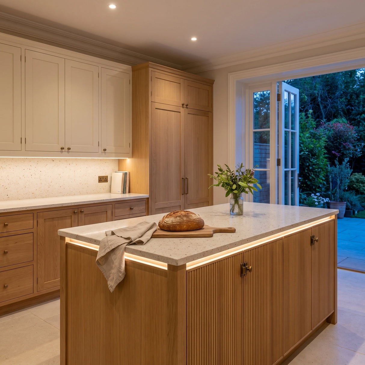 Warm White 3000K 24V 10mm free cut COB LED strip installed beneath cabinets and around a British kitchen island; installation visual.
