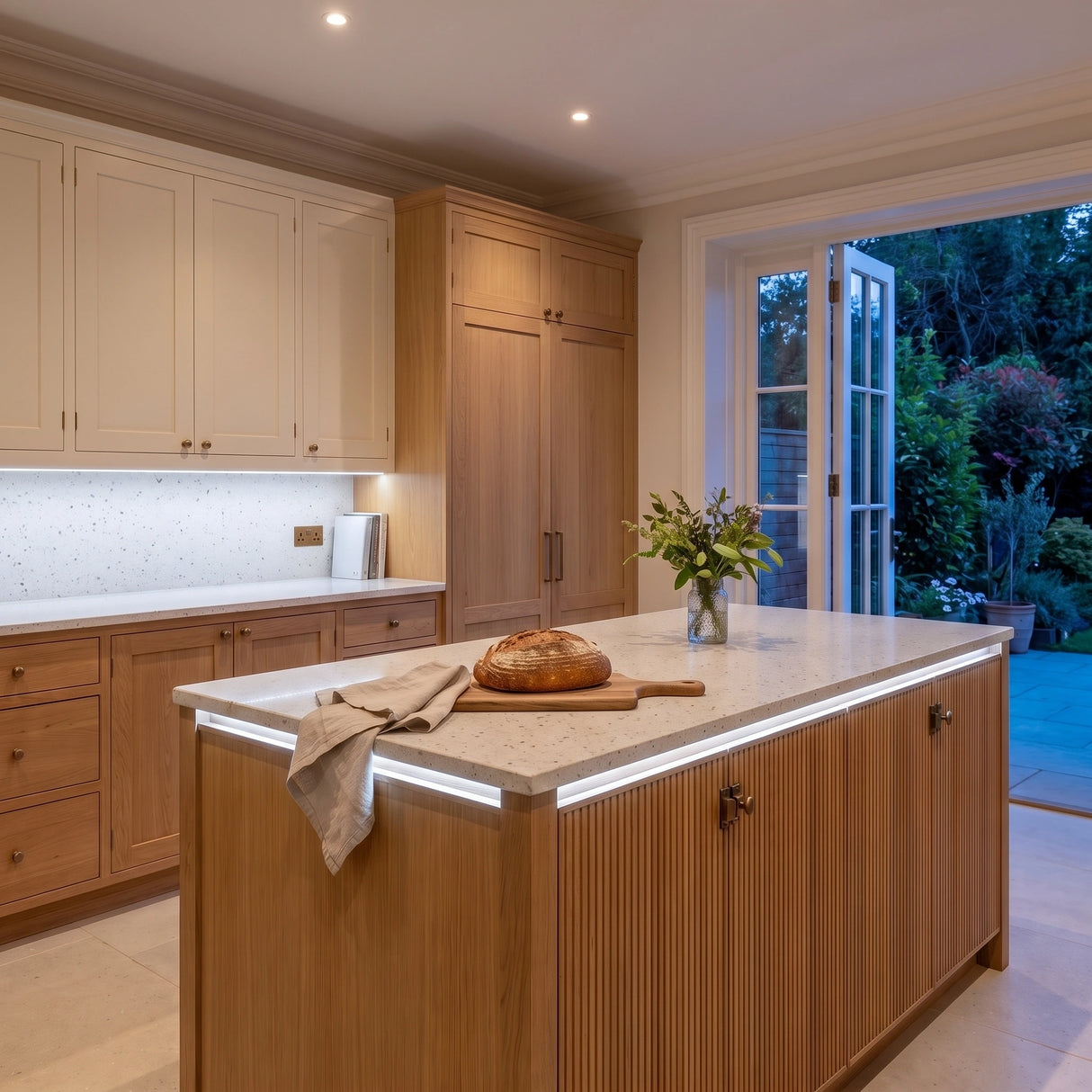 Cool White 6500K 24V 10mm free cut COB LED strip installed beneath cabinets and around a British kitchen island; installation visual.
