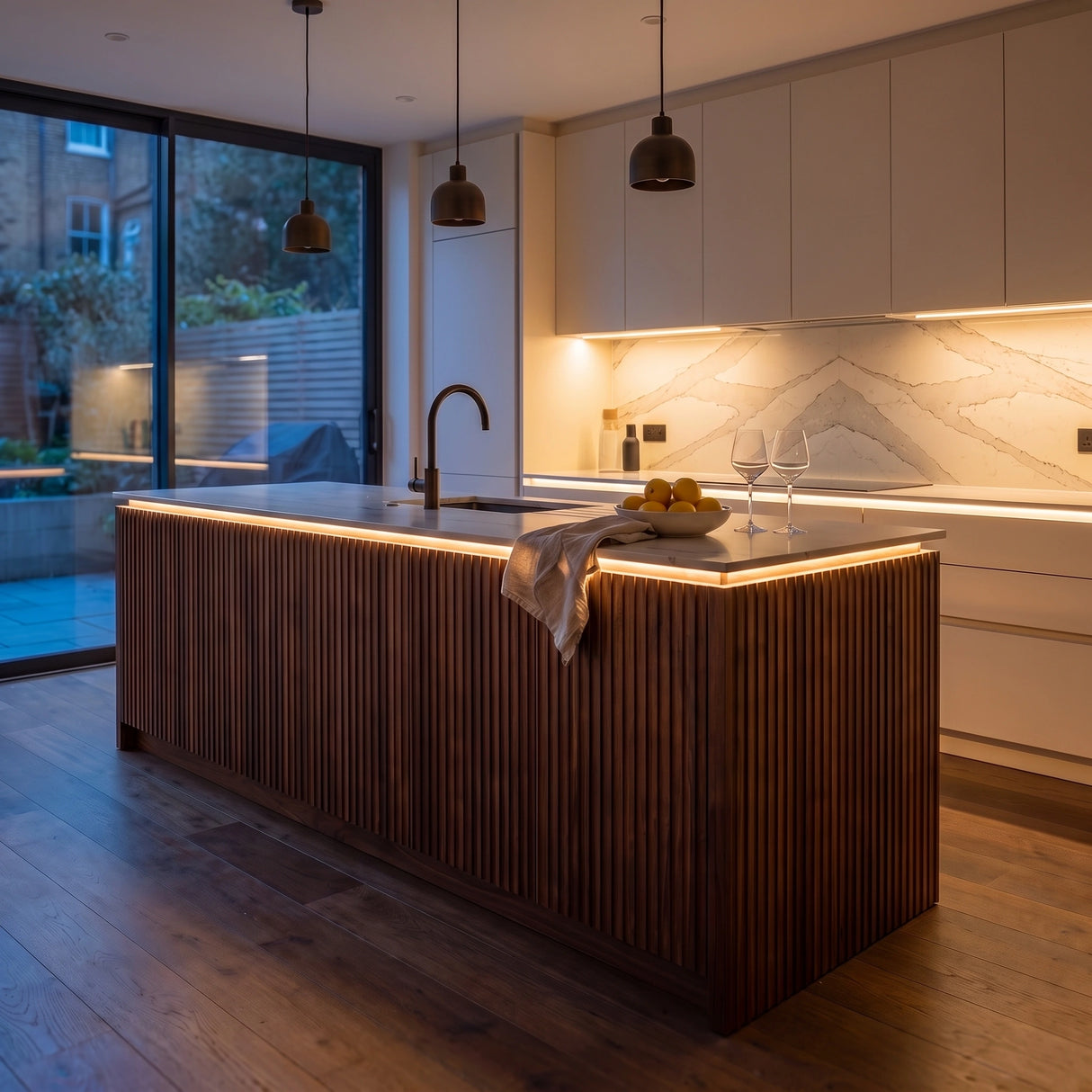 Warm White 2700K 24V 10mm SCOB LED strip installed beneath cabinets and around a British kitchen island; installation visual.