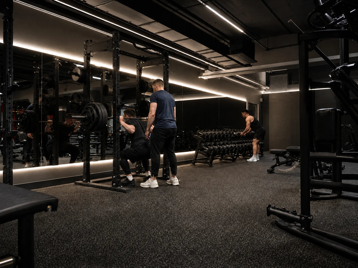 Members training in a dark commercial free-weights gym with natural white 4000K COB LED lighting around the mirrors and ceiling