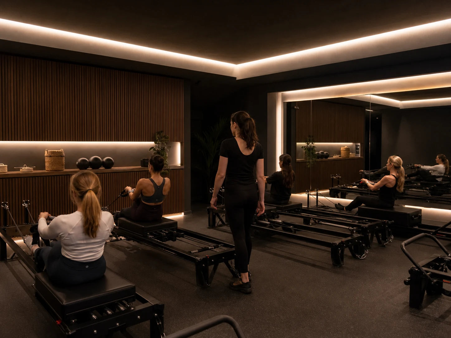 Reformer Pilates class in a dark commercial studio with warm white 3000K COB LED ceiling coving and illuminated mirrors