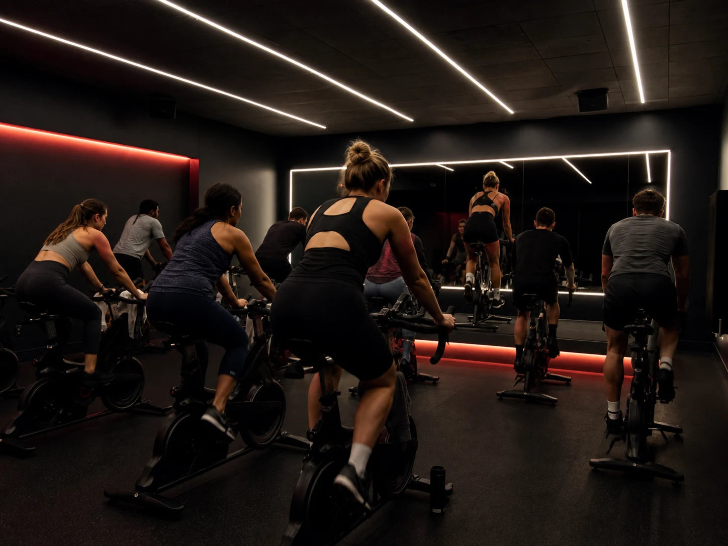Evening spin class in a dark commercial studio with neutral white COB ceiling lighting, illuminated mirrors and restrained red RGBW accents