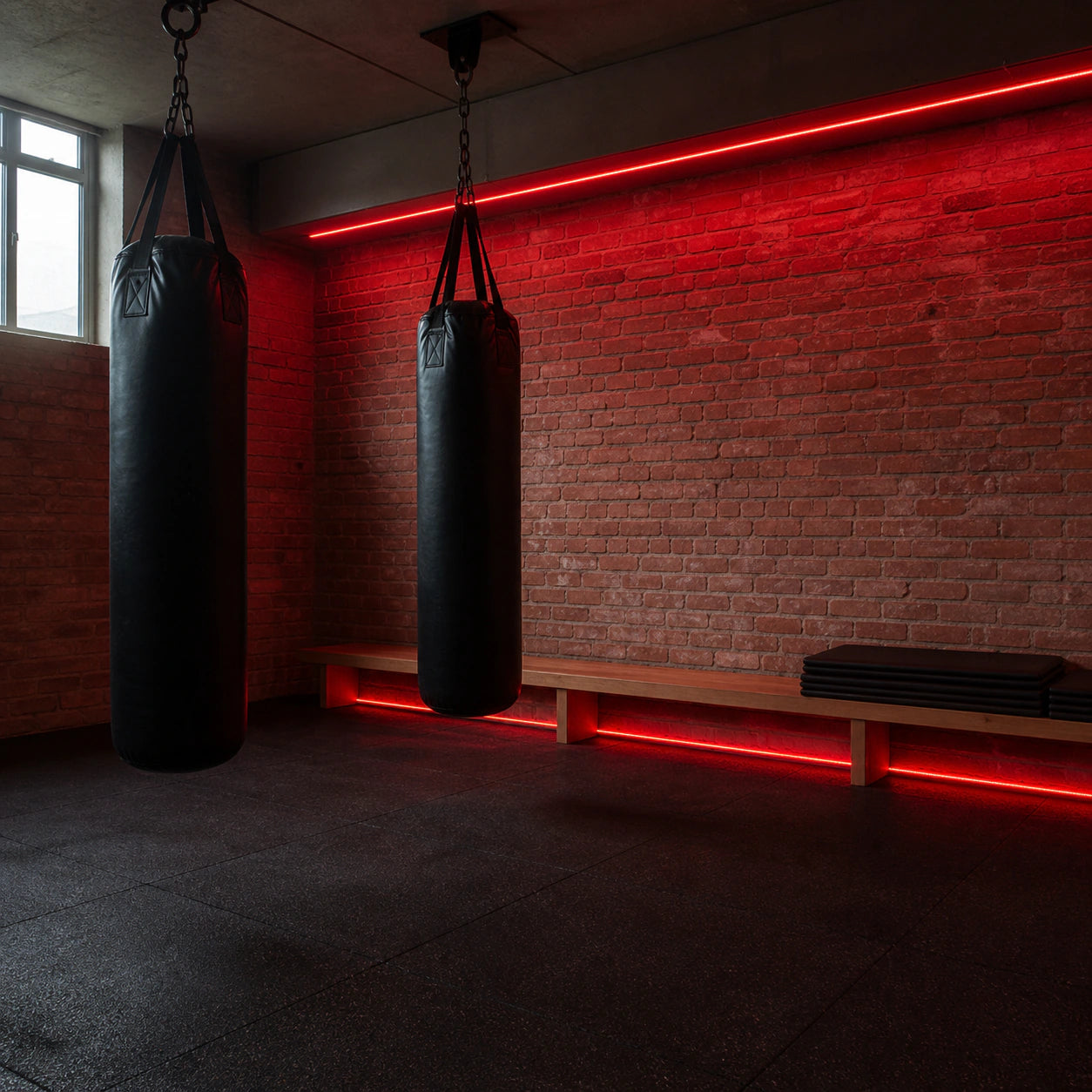 Red linear LED lighting installed in a boxing gym training studio