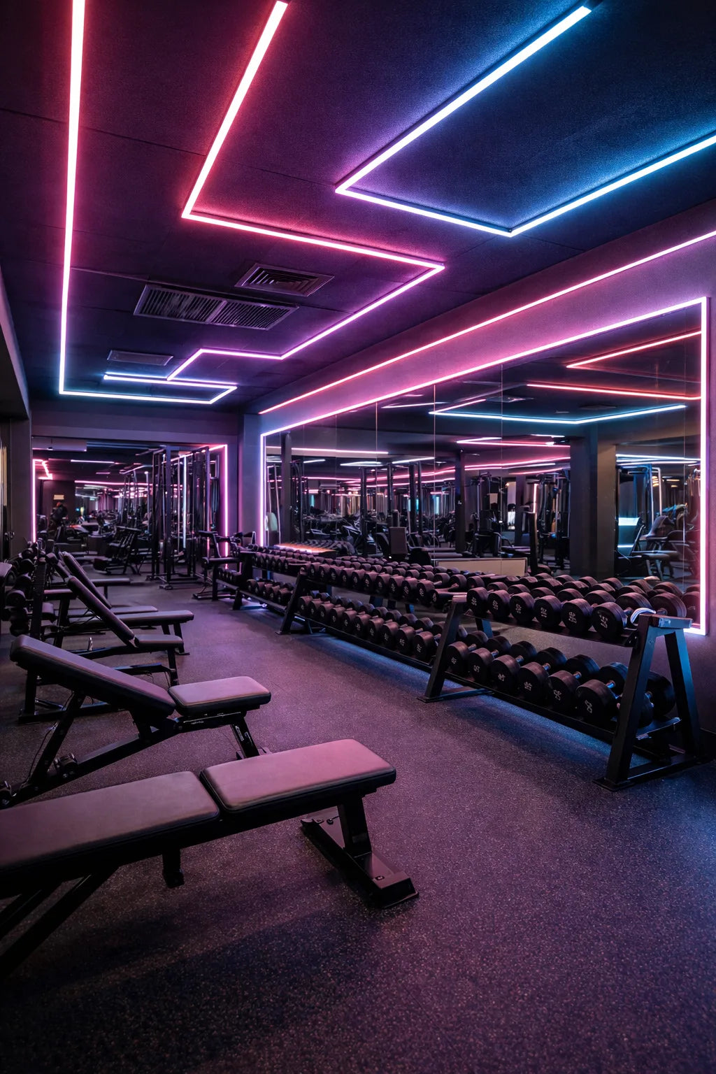 Commercial gym lighting with blue and pink LED light lines around mirrors, ceilings and strength equipment