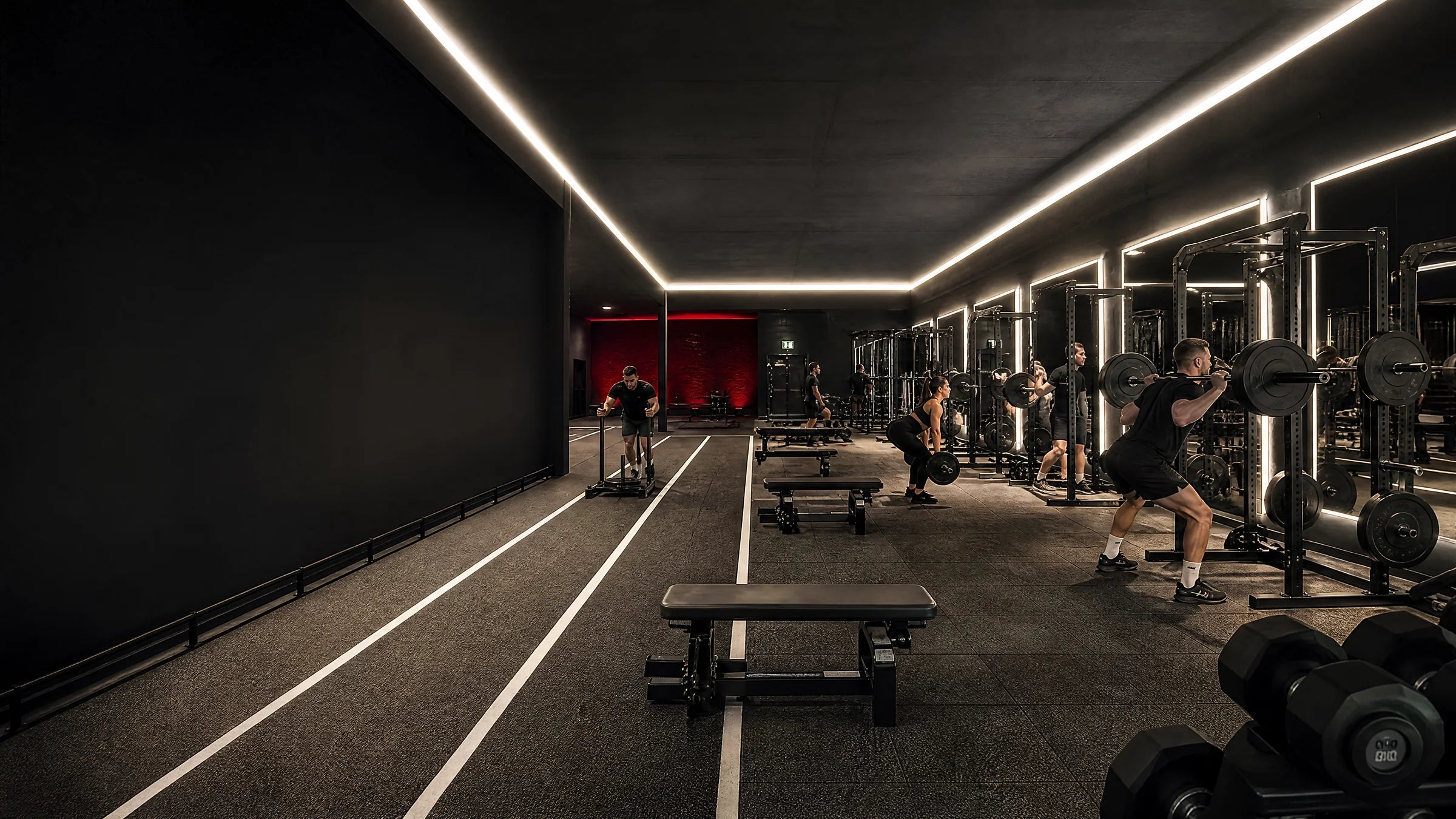 Athletes training in a dark commercial gym with natural white COB LED ceiling and mirror lighting plus a restrained red wall accent