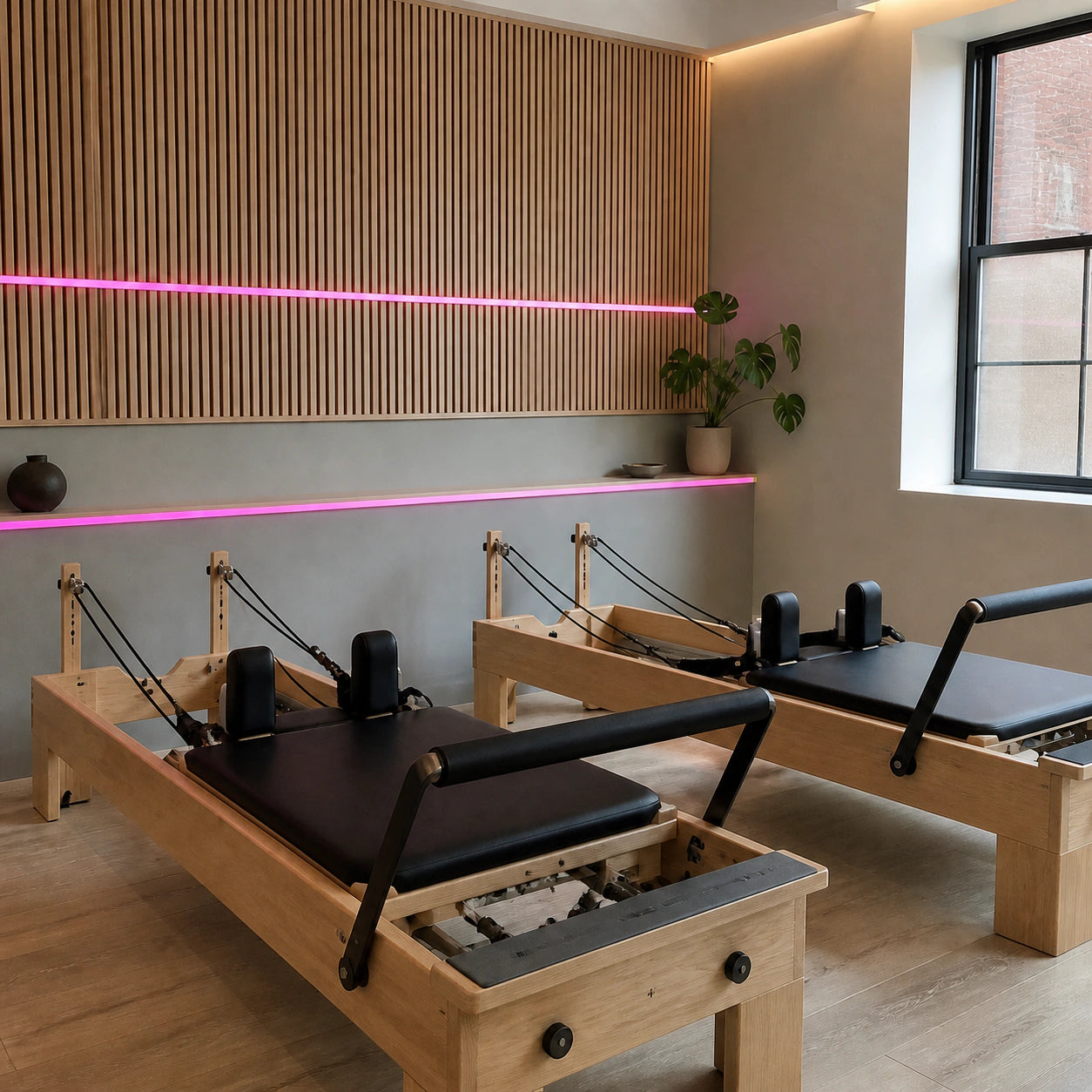 Pink LED strip lighting recessed into a Pilates reformer studio