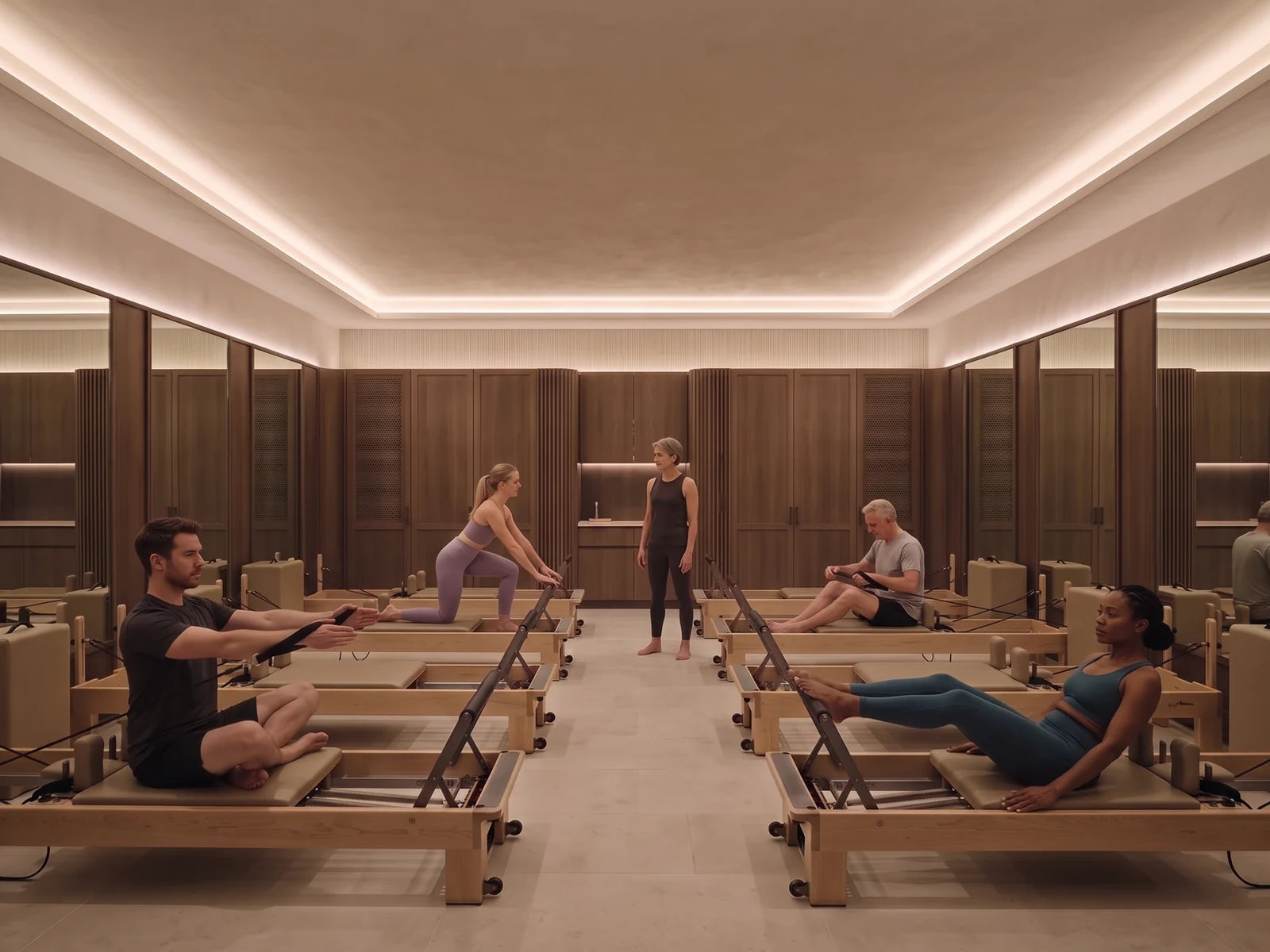 Super-premium British Pilates studio with eight reformers in two rows of four and concealed warm white 3000K COB lighting