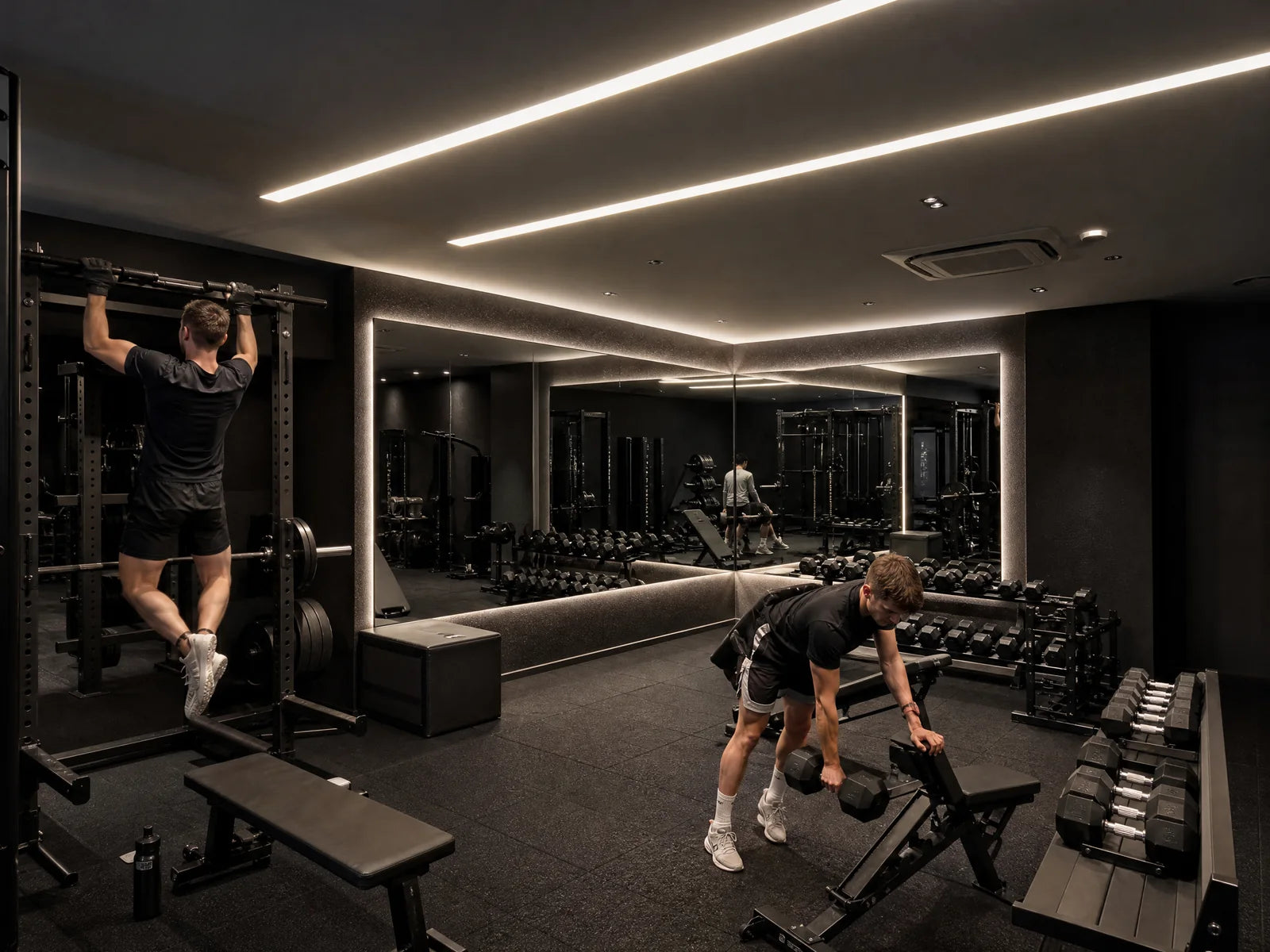 Members training in an intense dark gym with natural white 4000K COB LED strip lighting installed around mirrors and ceiling coves
