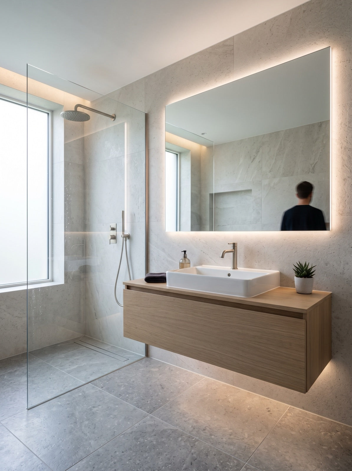 Calm, clean bathroom lighting